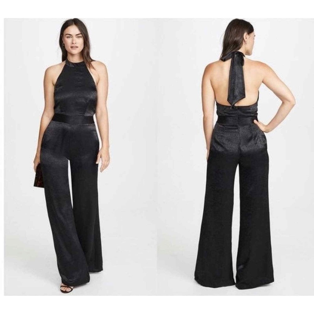 MISA Xandra Elegant Black Halter Neck Wide Leg Jumpsuit Evening Formal Party